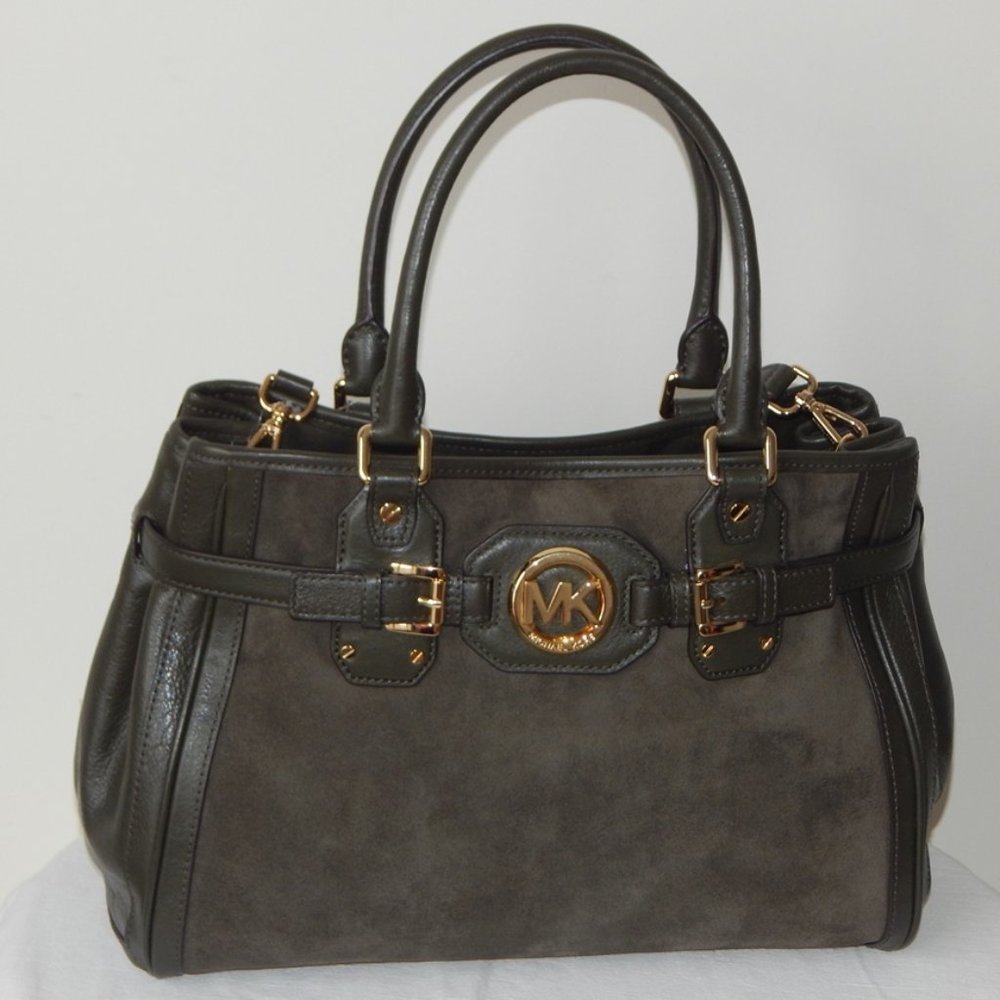 MICHAEL KORS HUDSON Leather Suede Large Tote Satchel Shoulder BAG Dark Olive NWT